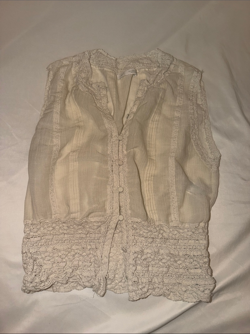 Zara Cream Lace-Trim Sleeveless Blouse